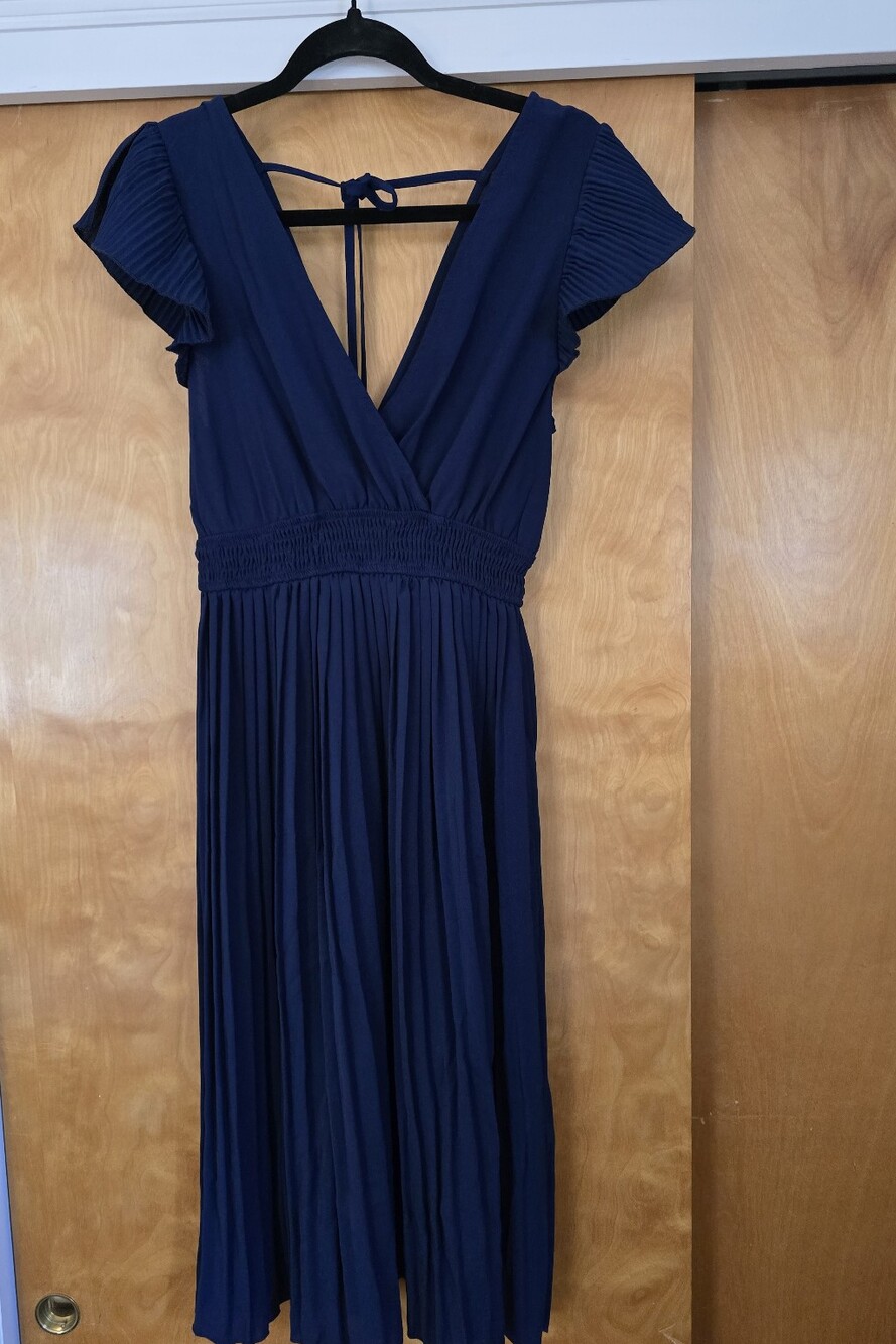 Women's Navy Pleated V-Neck Dress